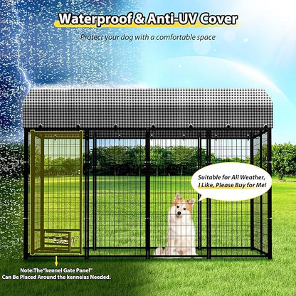 Large Outside Dog Kennel, Outdoor Dog Run Enclosure 8'x4'x6' Dog Pen House with Roof Cover Heavy Duty Welded Wire Steel Dog Playpen Animal Fence with Feeding Door