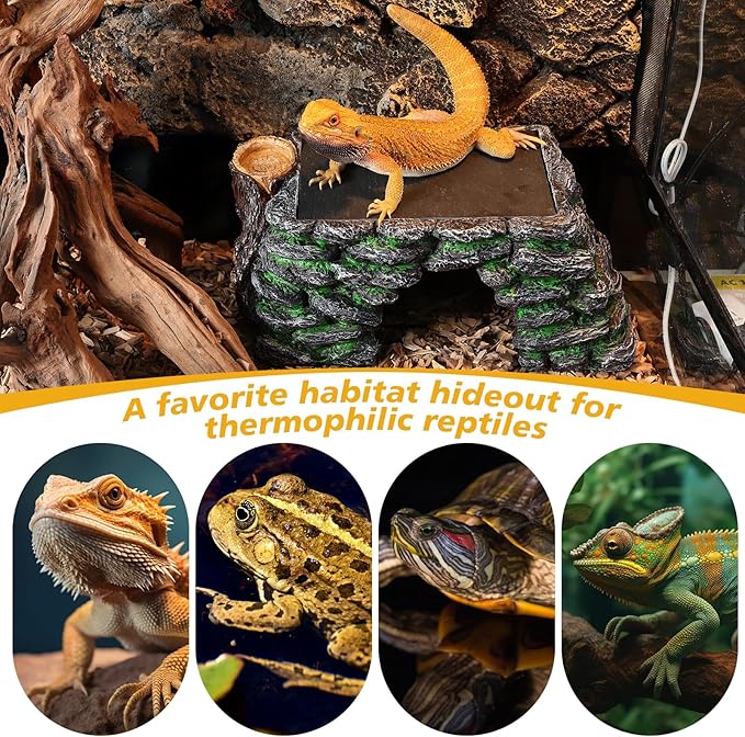 3 in 1 Large Bearded Dragon Basking Platform 13.4x7.1x5.3 in Scape Step Ledge Cave Hideout Natural Rock Reptile Food Bowl Reptile Tank Accessories for Lizard, Geckos, Ball Pythons, Tortoise
