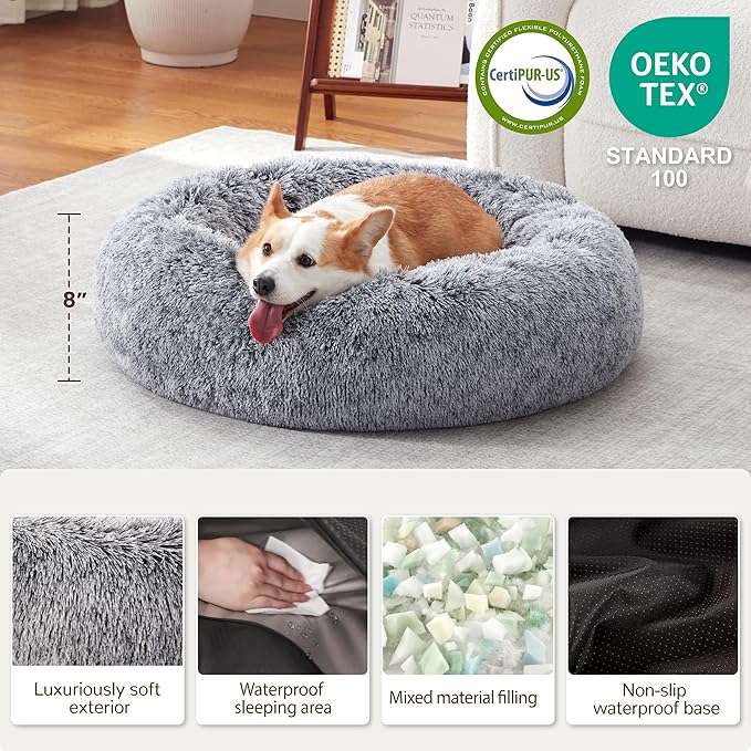 Calming Dog Bed - Donut Washable Medium Size Round Pet Bed for Dogs and Cats, 30 inches Anti-Slip Fluffy Faux Fur Plush Cat Bed, Anti-Anxiety Cushion with Anti-Slip Bottom