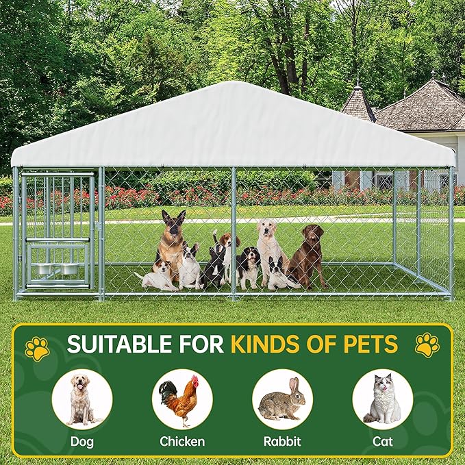 LotFun Large Outdoor Dog Kennel, 10 x 10 FT Heavy Duty Dog Enclosure with Rotated Dog Bowls, UV-Resistant Canopy Cover, Double Lock Security (10 x 10 x 5 in)