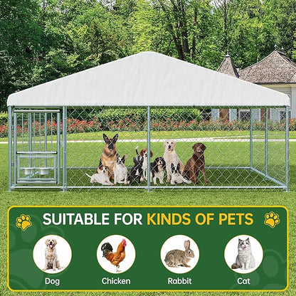 LotFun Large Outdoor Dog Kennel, 10 x 10 FT Heavy Duty Dog Enclosure with Rotated Dog Bowls, UV-Resistant Canopy Cover, Double Lock Security (10 x 10 x 5 in)