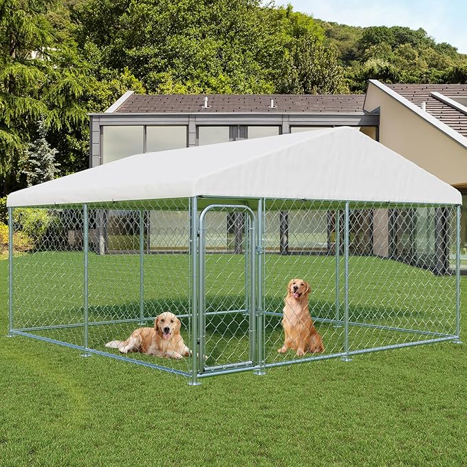 LotFun Large Outdoor Dog Kennel, 10 x 10 FT Heavy Duty Dog Enclosure with Chain Link Fence, UV-Resistant Canopy Cover, Double Lock Security (10 x 10 x 6 in)