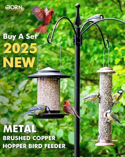 iBorn Metal Bird Feeders for Outdoors Hanging,Wild Bird Feeders for Cardinal,18cm Large Roof&Tray Black 6 Port (Seed is not Included)