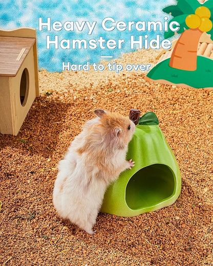 BUCATSTATE Hamster Hideout Ceramic, Pear Shape Hamster House and Habitats Cool Bed, Ideal for All Season Dwarf Hamster, Gerbil, Mice, Golden Bear (Green-Large)