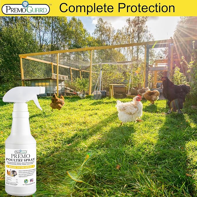 Premo Guard Poultry Spray - 32 oz - Kill Scaly Leg, Mites, Fleas, Lice, & Other Pest on Chickens and in Coops - Natural Plant Based Oils for Control, & Prevention - Family Safe with No Egg Withdrawl