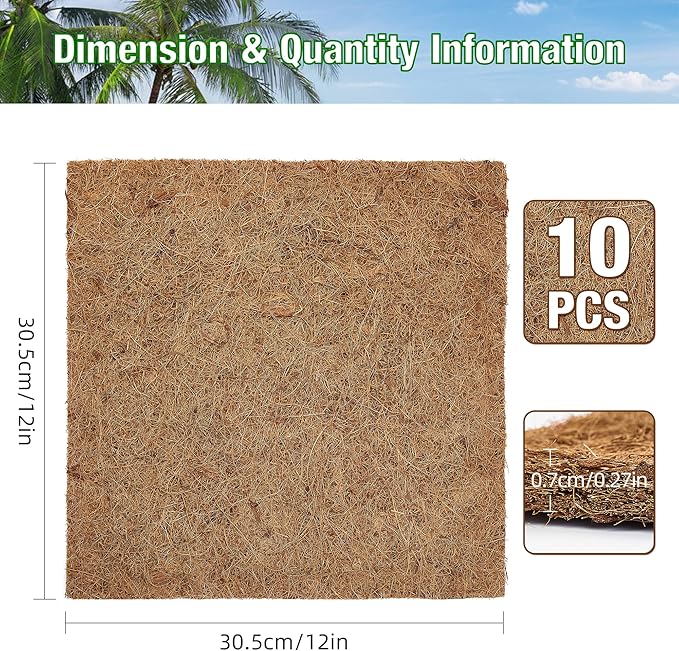ZeeDix 10 Pcs Reptile Carpet, 12X12 inch Natural Coconut Fiber Liner Mat Flooring Accessories for Reptile Tank - Bearded Dragon Tortoise Lizard Turtle Snake Leopard Gecko Substrate Bedding