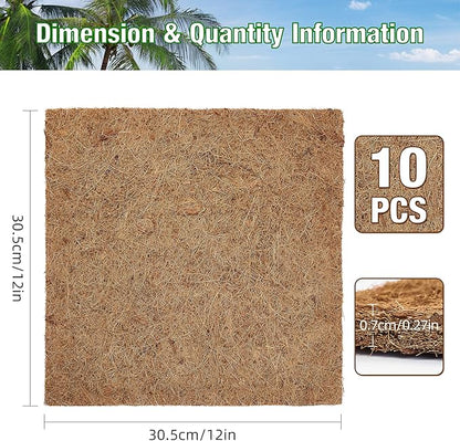 ZeeDix 10 Pcs Reptile Carpet, 12X12 inch Natural Coconut Fiber Liner Mat Flooring Accessories for Reptile Tank - Bearded Dragon Tortoise Lizard Turtle Snake Leopard Gecko Substrate Bedding